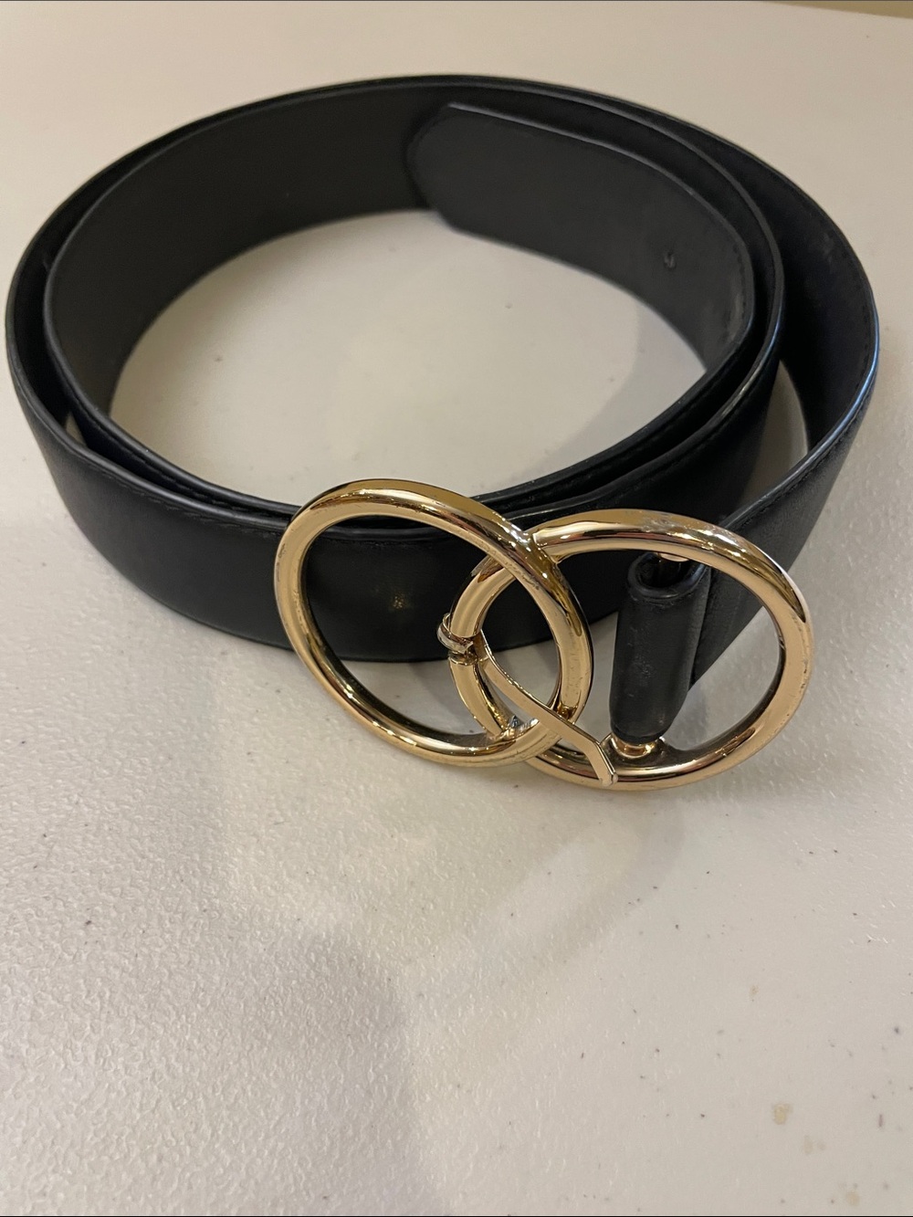 51” long Black Women's Leather Belt with Gold Double-Ring Buckle